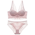 Dusty pink French lace lingerie set featuring a longline underwire bra and matching panties - Dust Rose / 70C