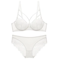 Sexy white lace lingerie set with ultra-thin transparent bra and matching lace panties - White