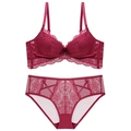 Elegantes weinrotes Spitzen-Dessous-Set mit Push-up-BH und passendem transparentem Slip - Burgunderrot / 85B