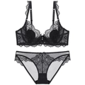 Elegant black lace lingerie set featuring a sheer unlined bra and matching panties - 70A / Black