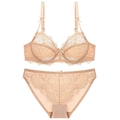 Breathable lace lingerie set with underwire bra and matching panties in beige nude - 70A / Nude