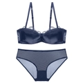 Navy blue satin and lace lingerie set featuring smooth finish with mesh panties - 70A / Blue