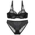 Elegant black lace lingerie set featuring floral patterns and delicate bow straps - 70A / Black