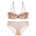 Ensemble de lingerie satin champagne avec dentelle cils et culotte en résille - Chair