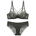 Deep green lace lingerie set featuring strappy sheer mesh bra and matching panties - Green