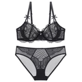 Elegant black lace lingerie set with sheer mesh and delicate eyelash lace trim details - Black