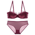 Deep red satin lace lingerie set with breathable mesh cups and matching underwear - 70A / Burgundy