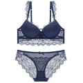 Lace lingerie set with floral patterns and bow details in deep blue color - Dark Blue