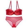 Elegant red lace lingerie set with satin bra and mesh panties on white background - Red / 70B