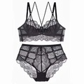 Conjunto de lencería de encaje francés con sujetador push-up y braga transparente alta - 70B / Negro