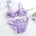 Lavender purple lace lingerie set with floral embroidery and satin bow details - 70A / Light Purple