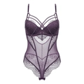 Lace one-piece bodysuit in deep purple with sheer mesh panels and strappy neckline - 70B / Purple