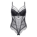 Sexy black lace bodysuit with sheer mesh panels and cross strap detailing for women - 70B / Black