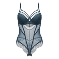 Teal lace bodysuit with underwire cups and sheer mesh panels for a slim fit design - 75B / Dark Green