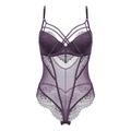 Deep purple lace and mesh bodysuit featuring underwire cups and elegant eyelash lace trim - 70B / Purple