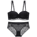 Elegant black floral lace lingerie set with push-up bra and matching panty - Black