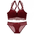 Elegant wine red lace lingerie set with floral embroidery and criss-cross back straps - 85C / Set / Burgundy
