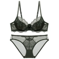 Deep forest green lace lingerie set with underwire bra and matching panty on white background - 70A / Top And Bottom / Green