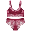 Elegant deep red lace lingerie set featuring a floral wired bra and sheer lace panties - 70A / Burgundy