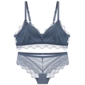 French triangle cup bralette set with blue grey floral lace and sheer mesh details - 70A / Top And Bottom / Blue