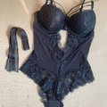 French lace bodysuit in black with floral mesh, underwire cups, and silk ribbon - 70B / Set / Grey Blue