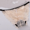 Elegant beige floral lace panties with black elastic trim and low waist design - Beige