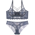 Conjunto de sujetador de encaje sexy azul polvoriento con tiras cruzadas y flores - 70B / Azul