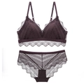 French style dark purple lace lingerie set with wireless triangle cup bra and panty - 70A / Top And Bottom / Purple