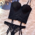 Elegant black lace lingerie set with corset and thong on a plush white rug - 75B / Top And Bottom / Black
