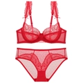 Elegante set di lingerie in pizzo rosso con reggiseno in rete e slip abbinato - 70A / Rosso