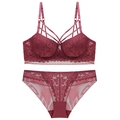 Completo intimo in pizzo bordeaux con reggiseno push-up e design con spalline - Borgogna / 75D