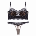 Elegant black eyelash lace lingerie set with push-up underwired bra and matching thong - S / Top And Bottom / Black