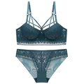 Completo intimo in pizzo blu petrolio con reggiseno a gabbia e ricami floreali - 70B / Verde Scuro
