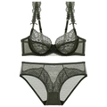 Elegante set di lingerie in pizzo verde scuro con motivi floreali e rete trasparente - 70A / Verde