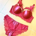 Detail of wine red faux leather and lace lingerie set featuring a 3/4 cup push-up bra - 75B / Top And Bottom / Red