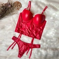 Red faux leather lingerie set featuring corset top with garter straps and matching thong - 70B / Top And Bottom / Red