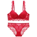 Ensemble de lingerie en dentelle pour femme avec soutien-gorge push-up et culotte rouge vif - Rouge