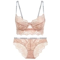 Nude pink lace lingerie set with Golden Dream lettered straps and floral pattern - 70B / Pink