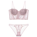 Pink floral embroidery lace lingerie set featuring a longline bustier and thong - S / Pink