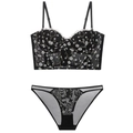 French luxury black lace lingerie set with white floral embroidery and matching panties - S / Black