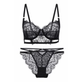 Completo intimo in pizzo cigliato nero stile francese con ricamo floreale e ferretto - 75A / Nero