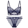 Completo intimo in pizzo blu navy con ricami floreali e spalline regolabili in vista piatta - 70B / Top E Pantaloni / Blu