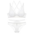 White lace lingerie set with cross back bra and sheer mesh panties on white background - 70B / White