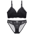 Elegant black lace lingerie set with thin straps and sheer floral pattern lace - Black