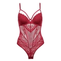 Sexy deep red lace bodysuit with underwire cups and sheer mesh panels for women - Red
