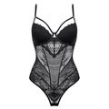 Sexy black lace bodysuit for women featuring sheer mesh panels and delicate lace trim detail - Black