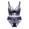 Set lingerie in pizzo blu scuro con reggiseno a coppa morbida e slip coordinati - 75C / Blu