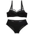 Sexy black lingerie set with push-up bra featuring thin straps and matching briefs - Black