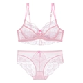 Pink lace lingerie set with sheer floral embroidery and delicate bow accents - 70A / Pink