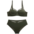 Dark olive green push up bra set with cross thin straps and matching hollow out panty - Army Green